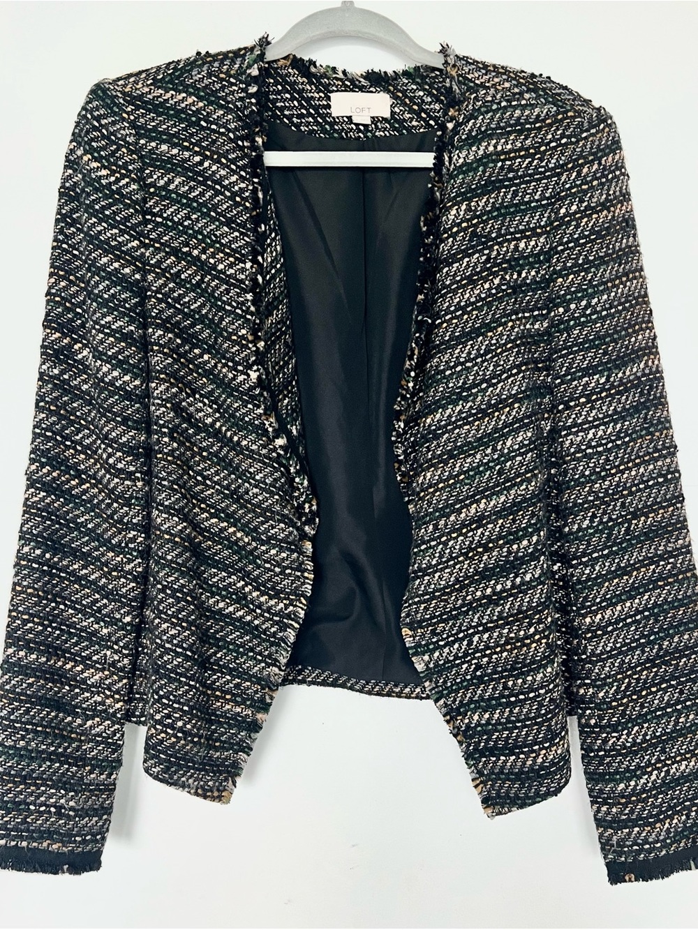 LOFT Black Green Gold Tweed Fringe Cropped Jacket Size 8 Blazer